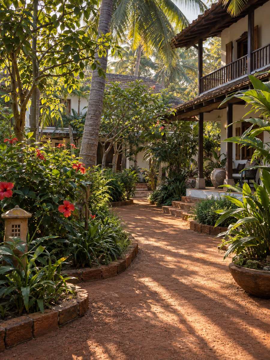 Late-afternoon Unawatuna garden courtyard, coconut-palm shade on clay tiles, laterite path