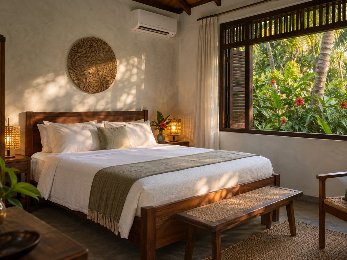 Garden-view bedroom with white bedding, AC, and a window onto tropical foliage at 4 pm