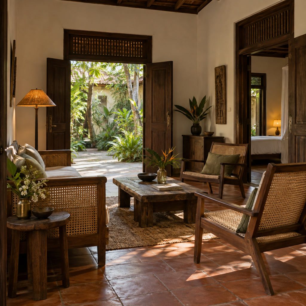 Two-bedroom cottage sitting room, tiled floor, timber details, dappled garden light