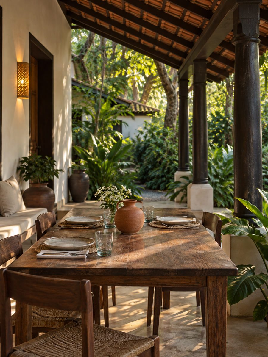 Restaurant table under a veranda, clay water jug, no menu, warm shade
