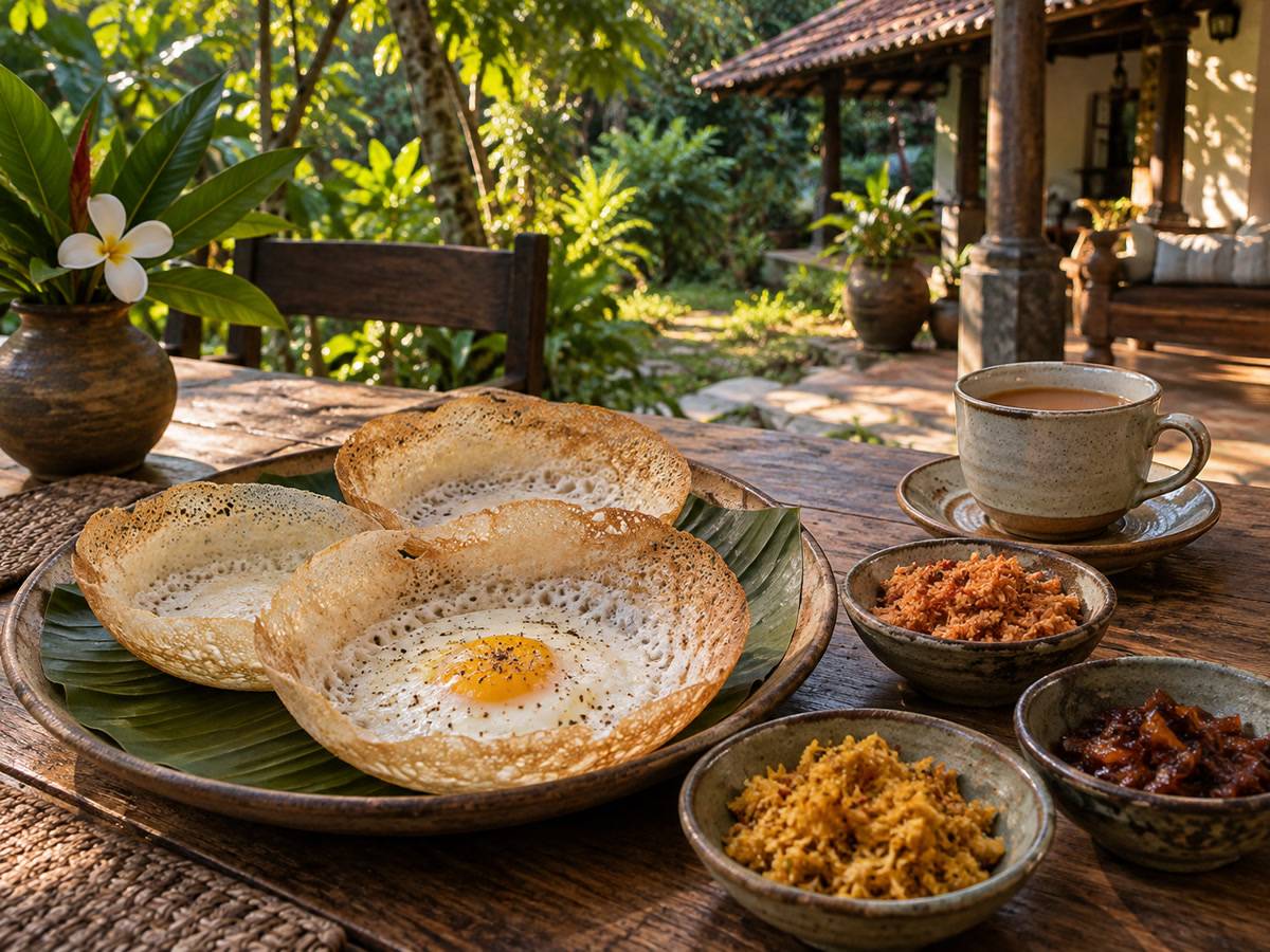 Breakfast of hoppers, sambol and tea on a garden table, still in afternoon-set styling