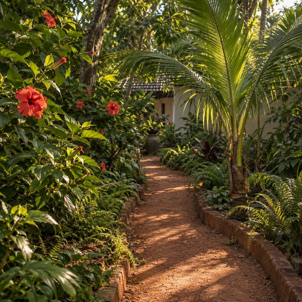 Laterite garden path between hibiscus and a young coconut palm, 4 pm