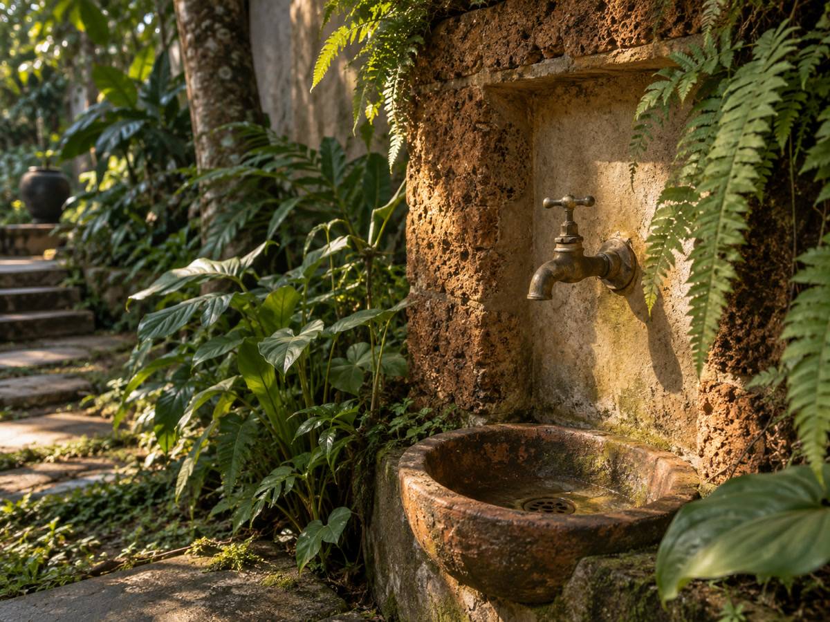 Outdoor shower or tap in a laterite alcove, ferns, gold-hour light